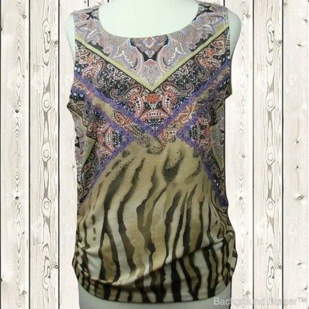 Chico's Size 1 (16 Plus) Paisley Animal Print Sleeveless Embellished Tank Top